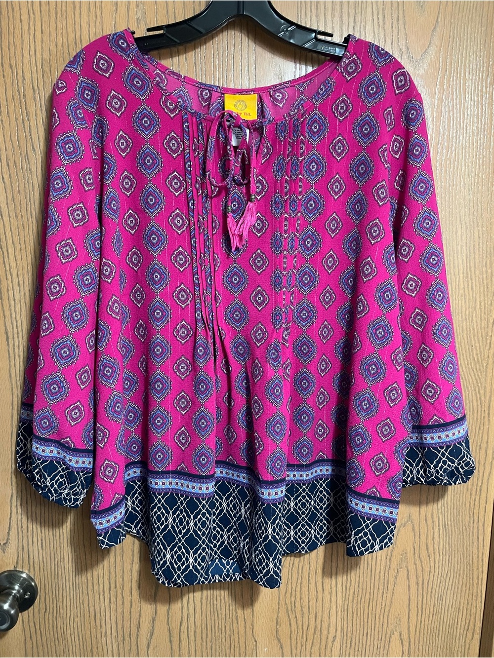 Pink & Navy Printed Peasant Top with Tie-Front